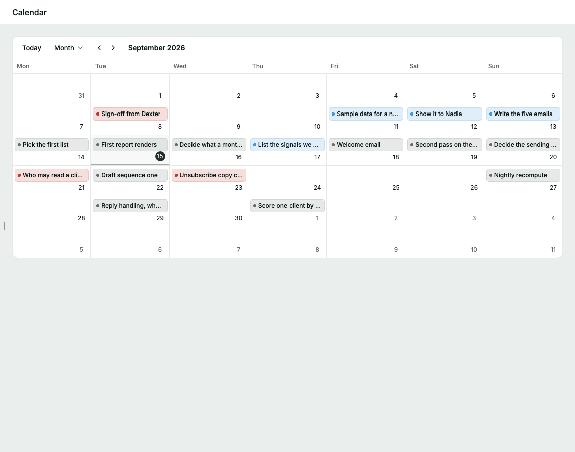 The calendar month view, with scheduled tasks on it